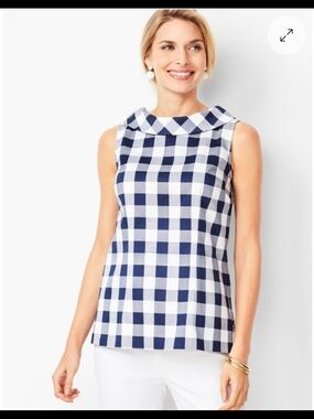 Talbots Navy and White Gingham Fold-Over Collar Sleeveless Top - Size 14